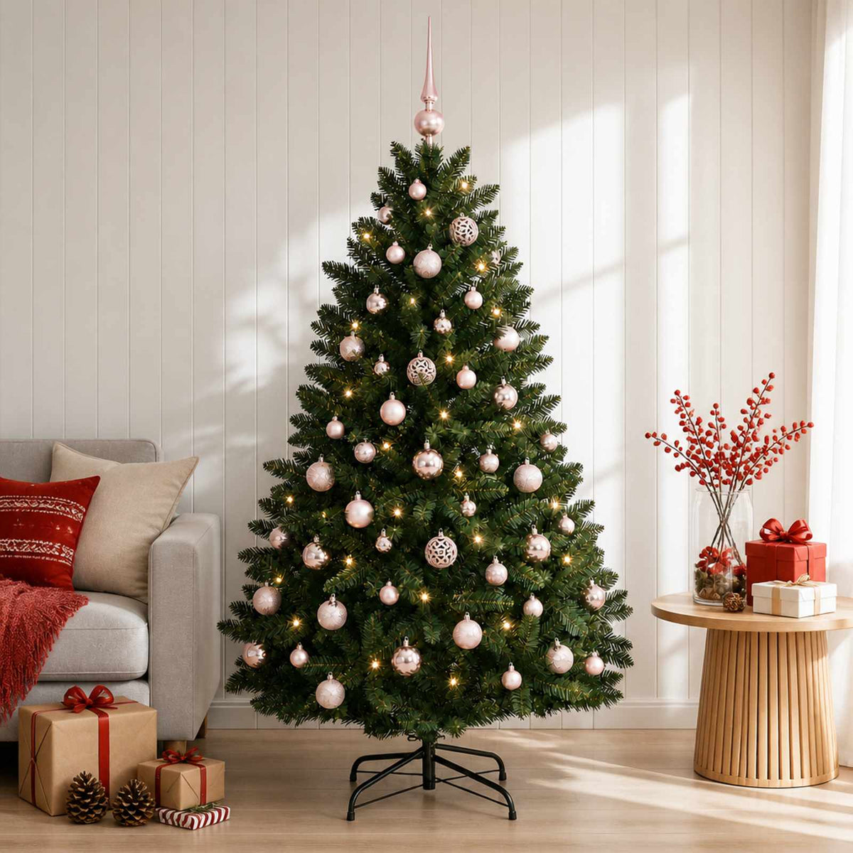 Sötétzöld műkarácsonyfa gömbökkel 150 cm 150 LED Meleg fehér 3