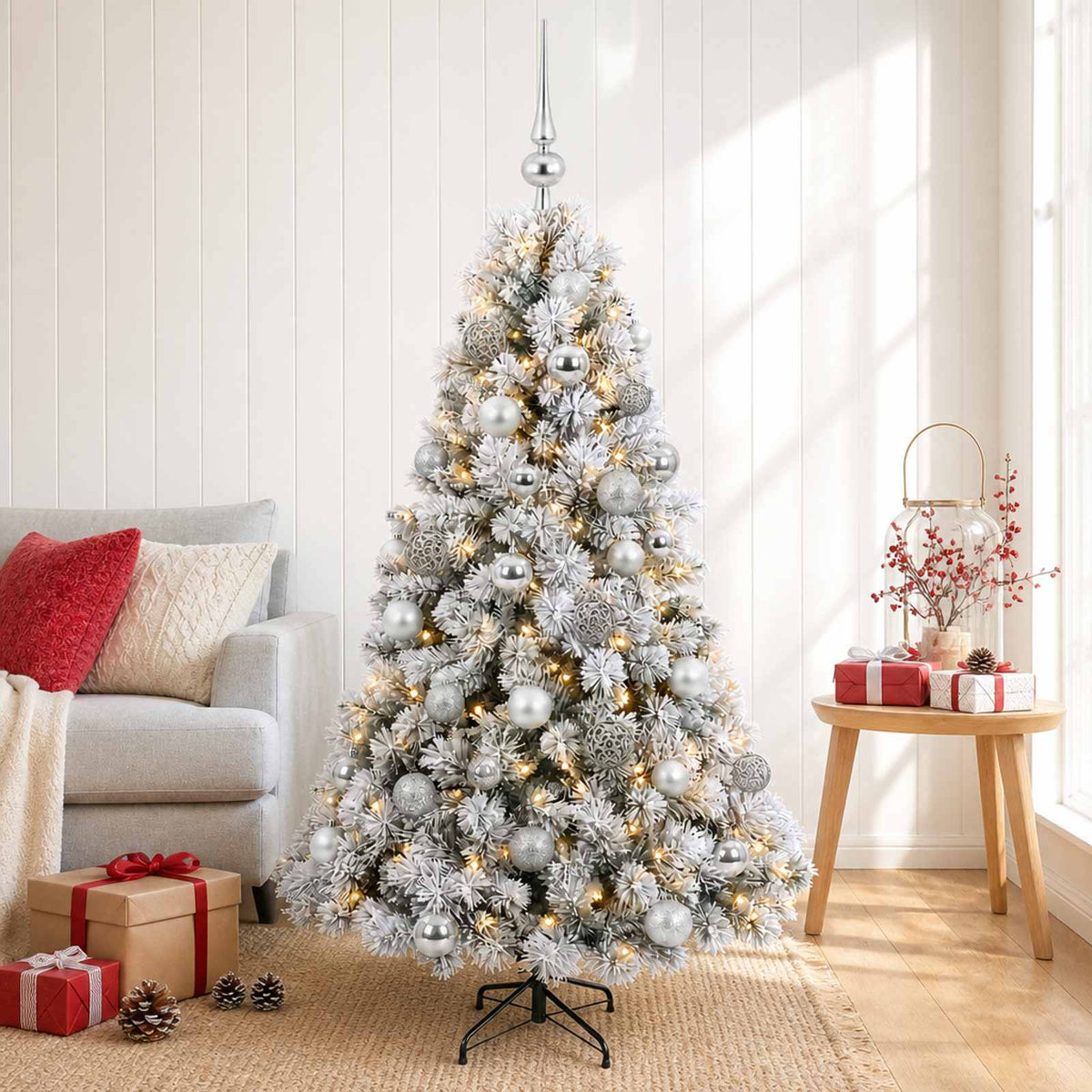 Műkarácsonyfa gömbbel 120 cm 150 LED Meleg fehér PVC és fém