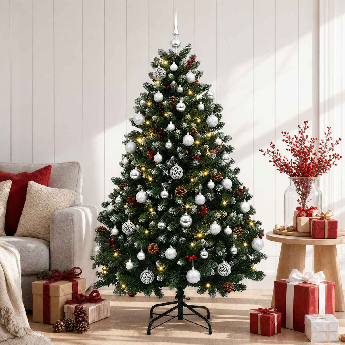 Zöld műkarácsonyfa gömbökkel 150 cm 150 LED Meleg fehér 3