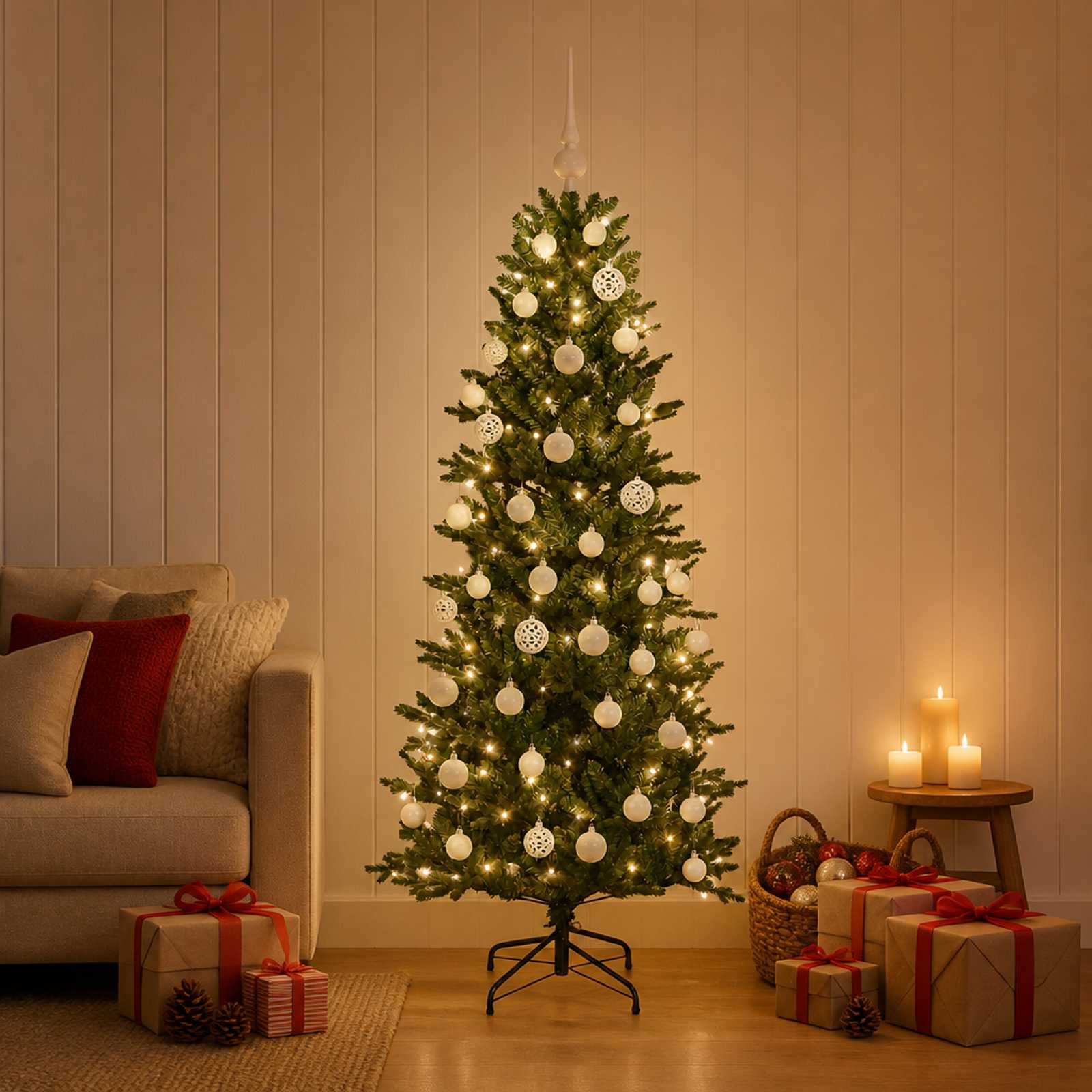 Műkarácsonyfa gömbbel 150 cm 150 LED Meleg fehér PVC és PE Zöld