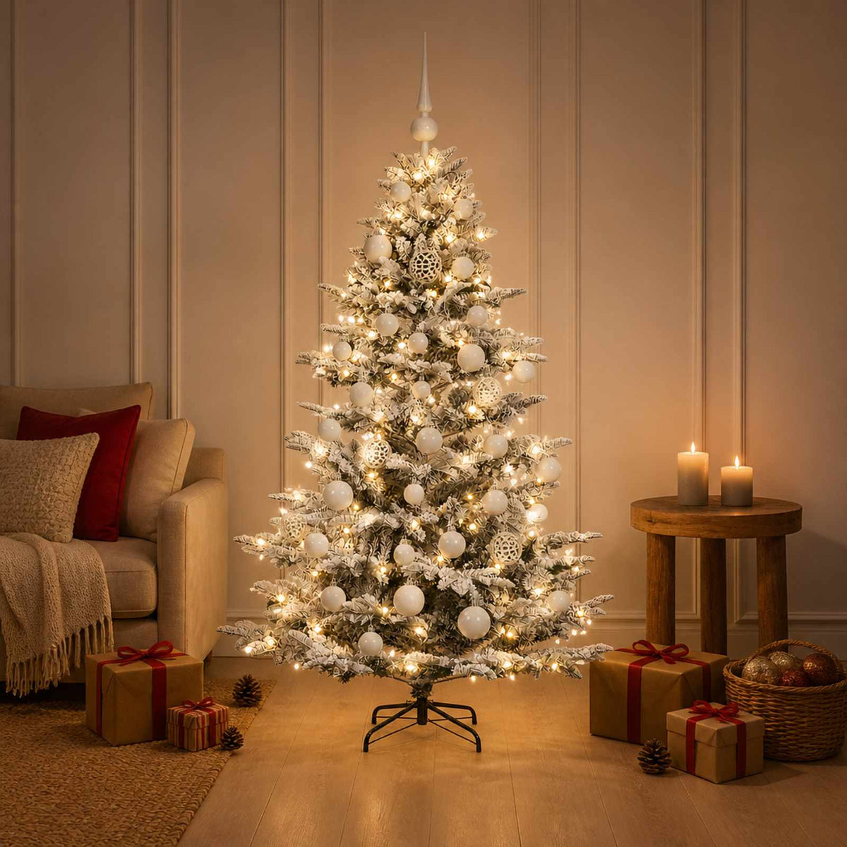 Műkarácsonyfa gömbbel 150 cm 150 LED Meleg fehér PE és PVC