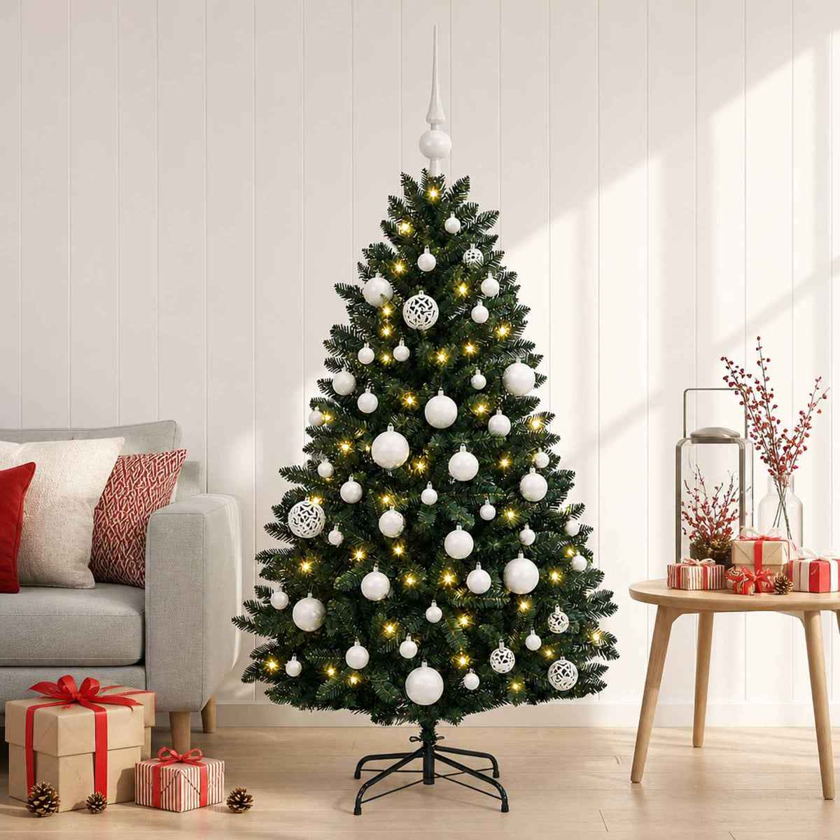 Sötétzöld műkarácsonyfa gömbökkel 150 cm 150 LED Meleg fehér 3