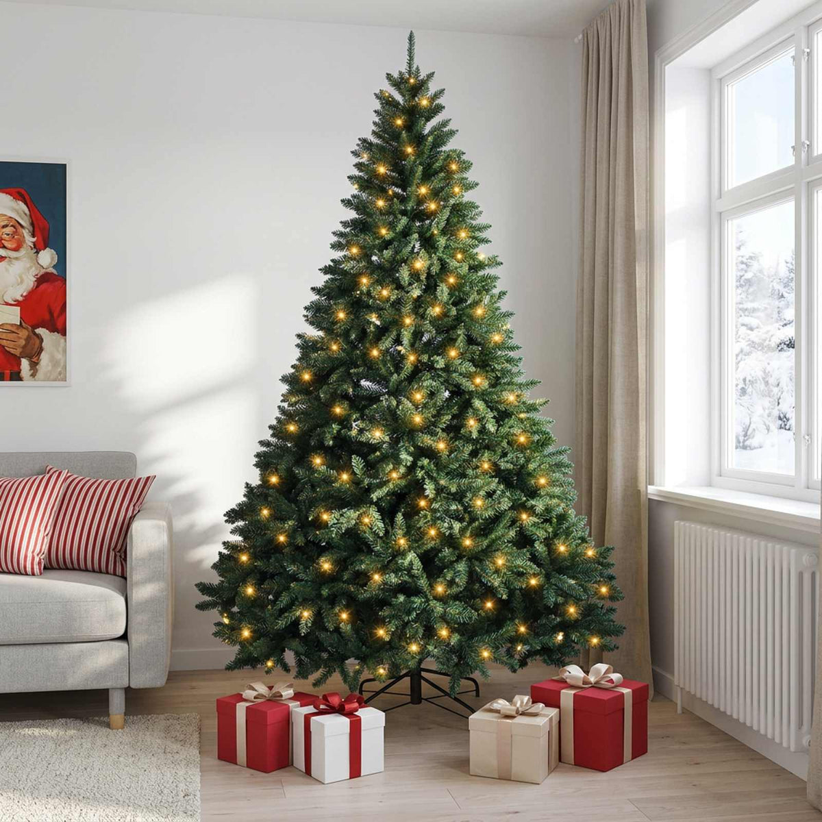 Műfenyő pántos ágakkal, sötétzöld 300 cm 600 LED Meleg fehér 3