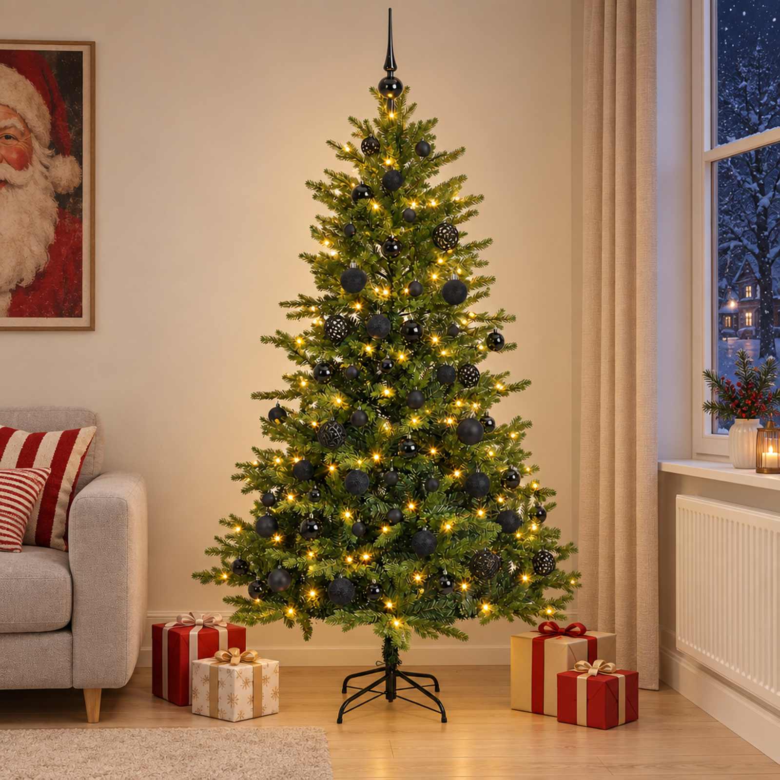 Műfenyő gömbökkel 240 cm 300 LED Meleg fehér PVC és fém Zöld