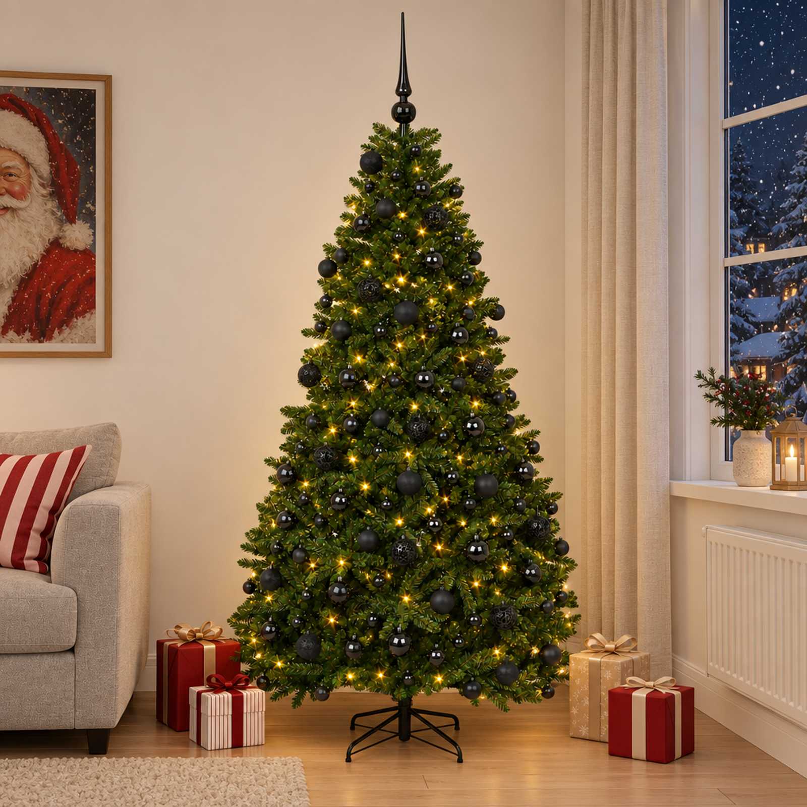 Műkarácsonyfa középzöld gömbökkel 240 cm 300 LED Meleg fehér