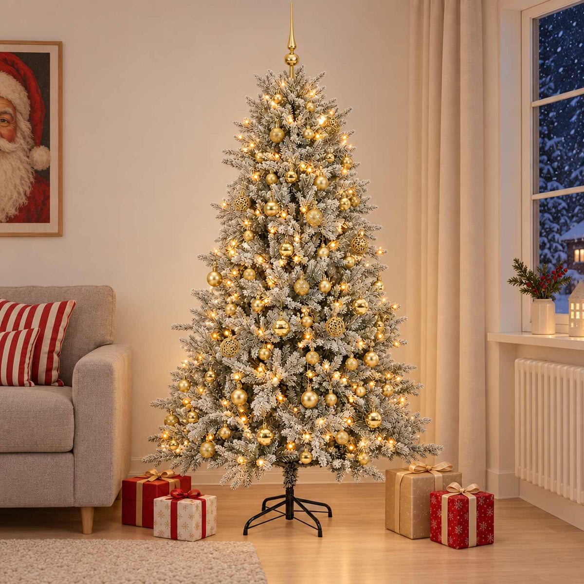 Műfenyő gömbökkel 240 cm 300 LED Meleg fehér PVC és fém