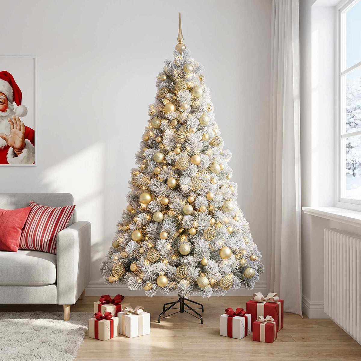 Műkarácsonyfa gömbbel 180 cm 300 LED Meleg fehér PVC és fém