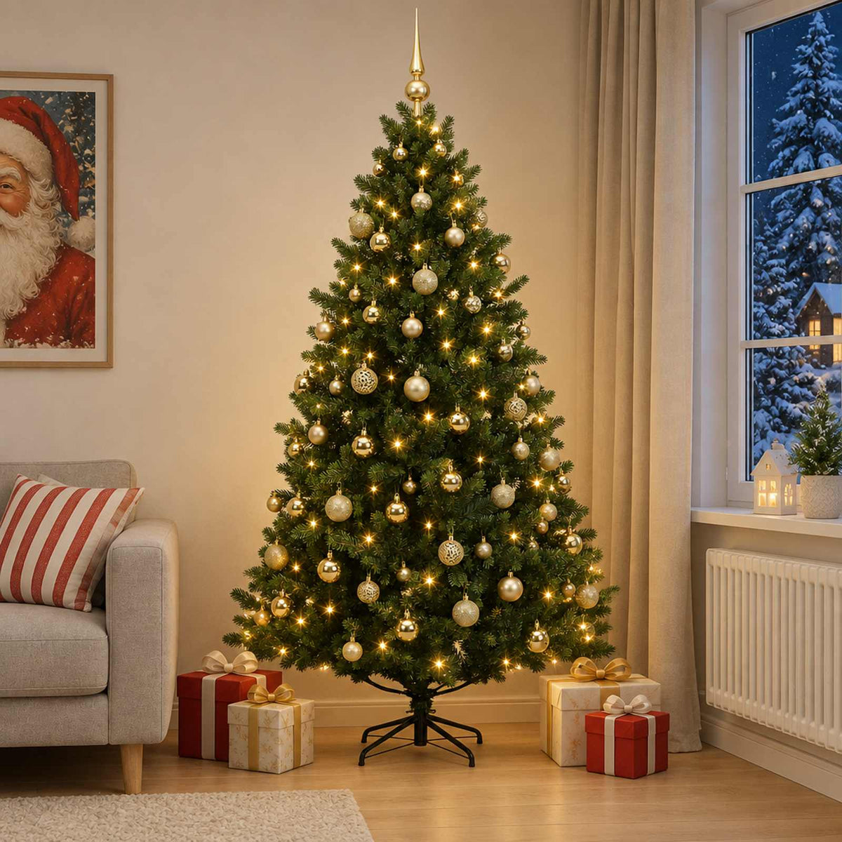Műkarácsonyfa gömbbel 210 cm 300 LED Meleg fehér PVC és fém 3