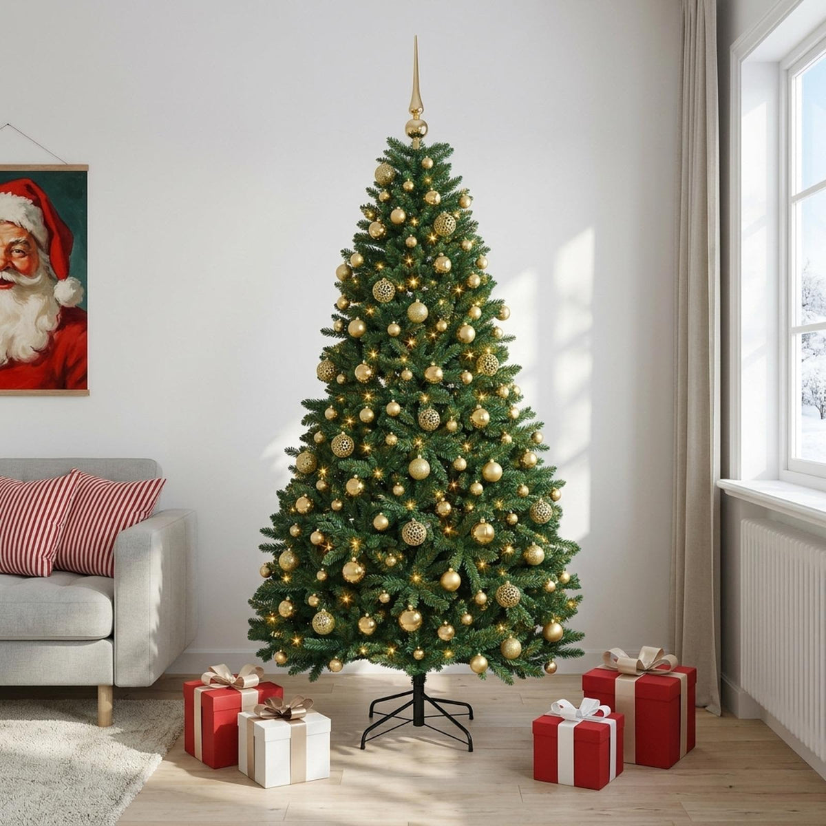 Műkarácsonyfa középzöld gömbökkel 210 cm 300 LED Meleg fehér 3