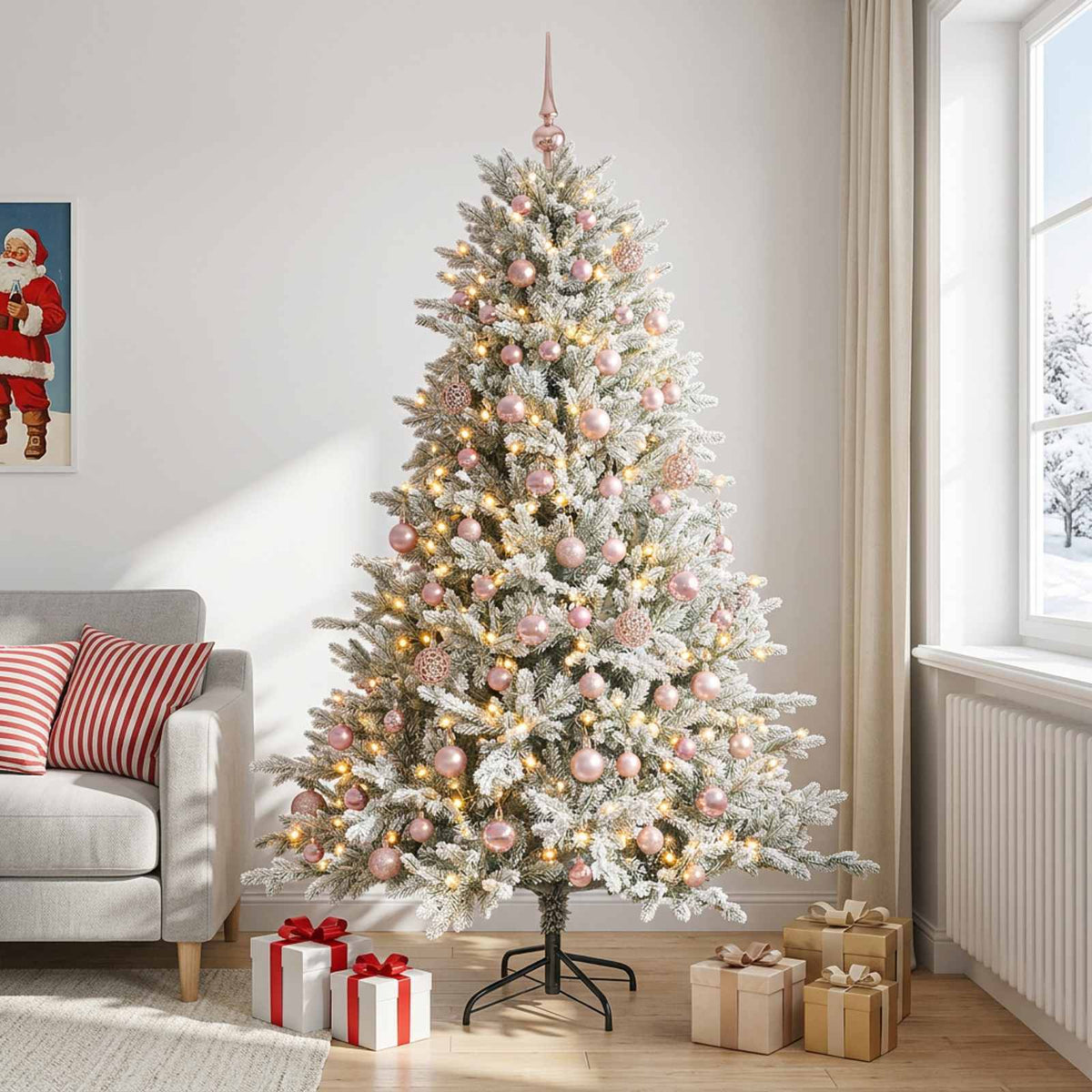 Műkarácsonyfa gömbbel 240 cm 300 LED Meleg fehér PVC és fém