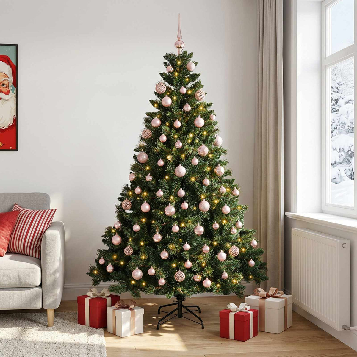 Műfenyő gömbökkel 210 cm 300 LED Meleg fehér PVC és fém Zöld