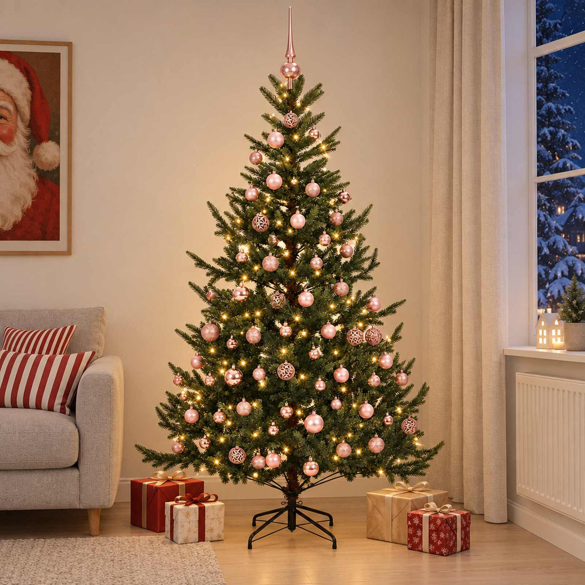 Műkarácsonyfa gömbbel 180 cm 300 LED Meleg fehér PVC és fém 3