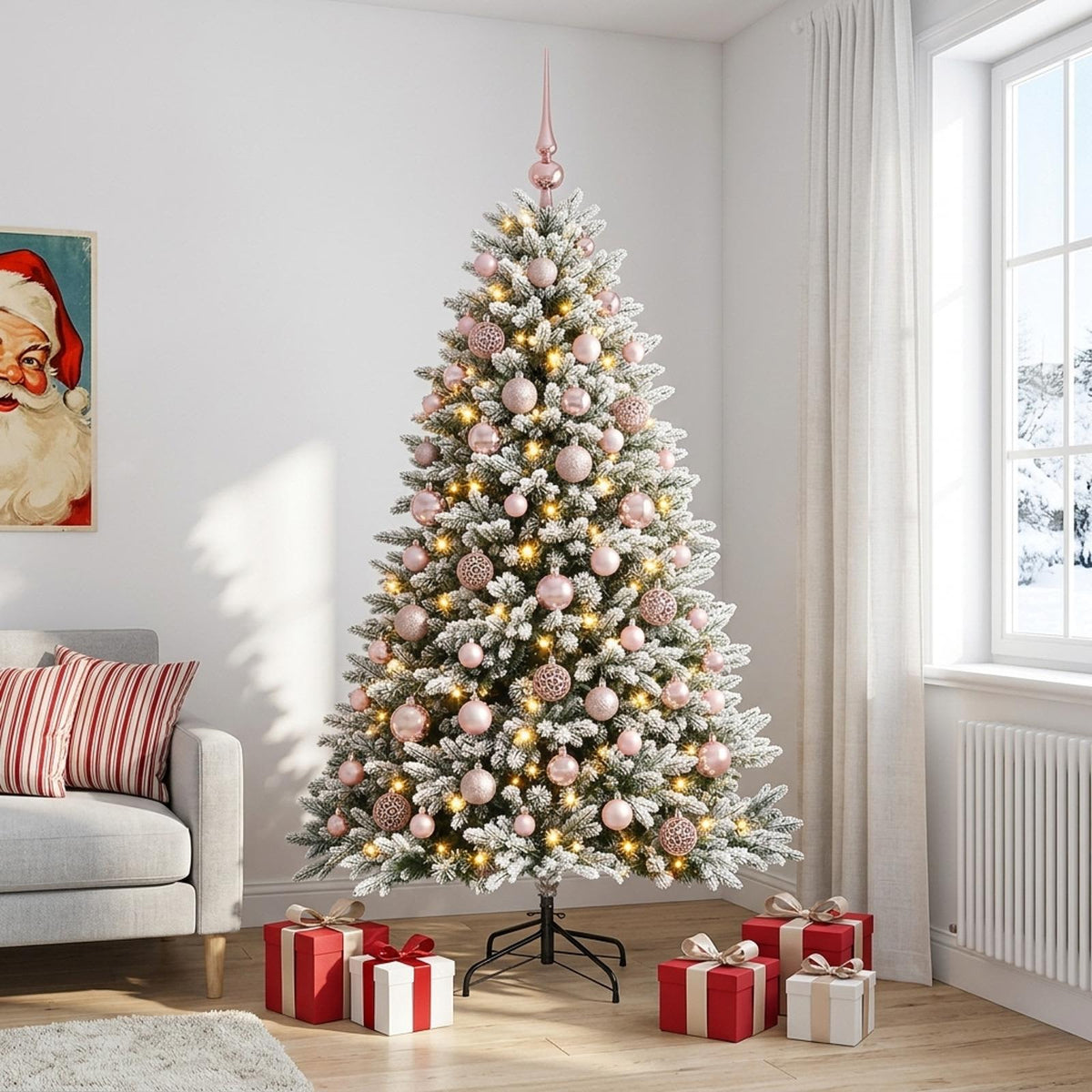 Műfenyő gömbökkel 180 cm 300 LED Meleg fehér PVC és fém
