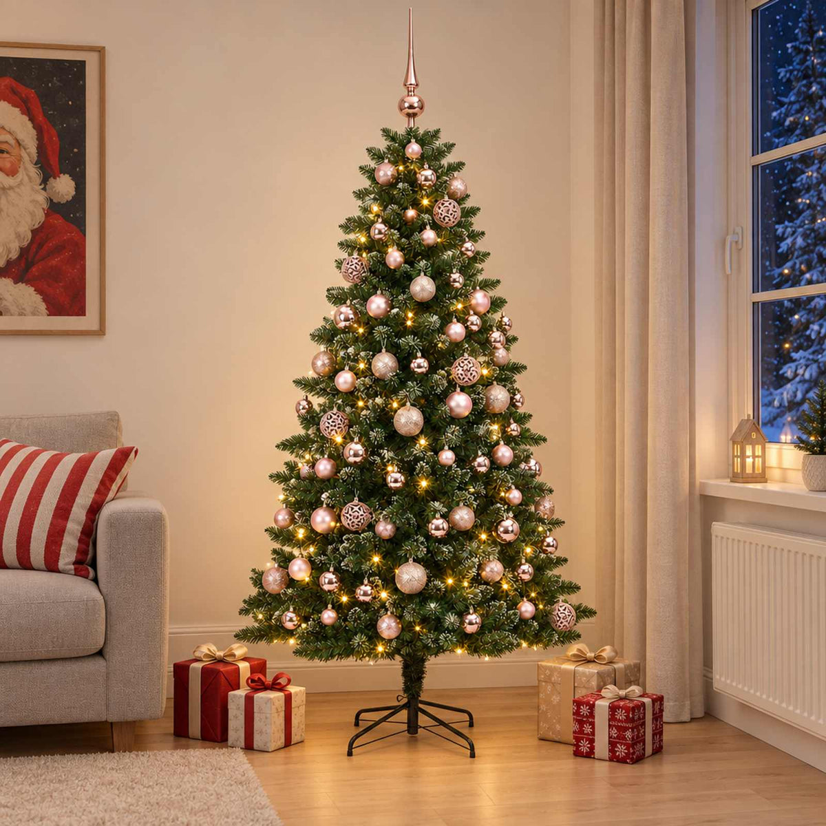 Műfenyő gömbökkel 210 cm 300 LED Meleg fehér PVC és fém