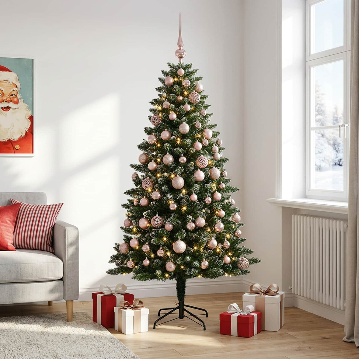 Műfenyő gömbökkel 210 cm 300 LED Meleg fehér PVC és fém 3