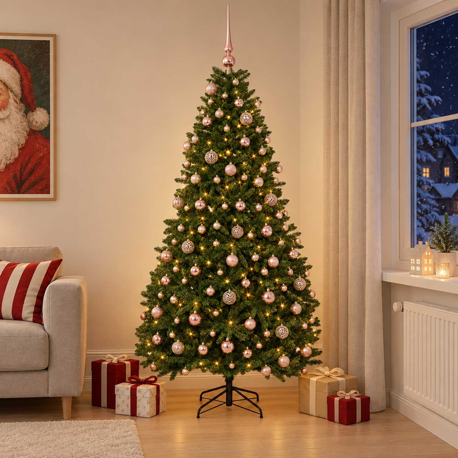 Műkarácsonyfa középzöld gömbökkel 240 cm 300 LED Meleg fehér