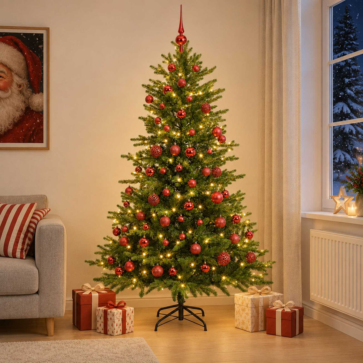 Műfenyő gömbökkel 180 cm 300 LED Meleg fehér PVC és fém Zöld 3