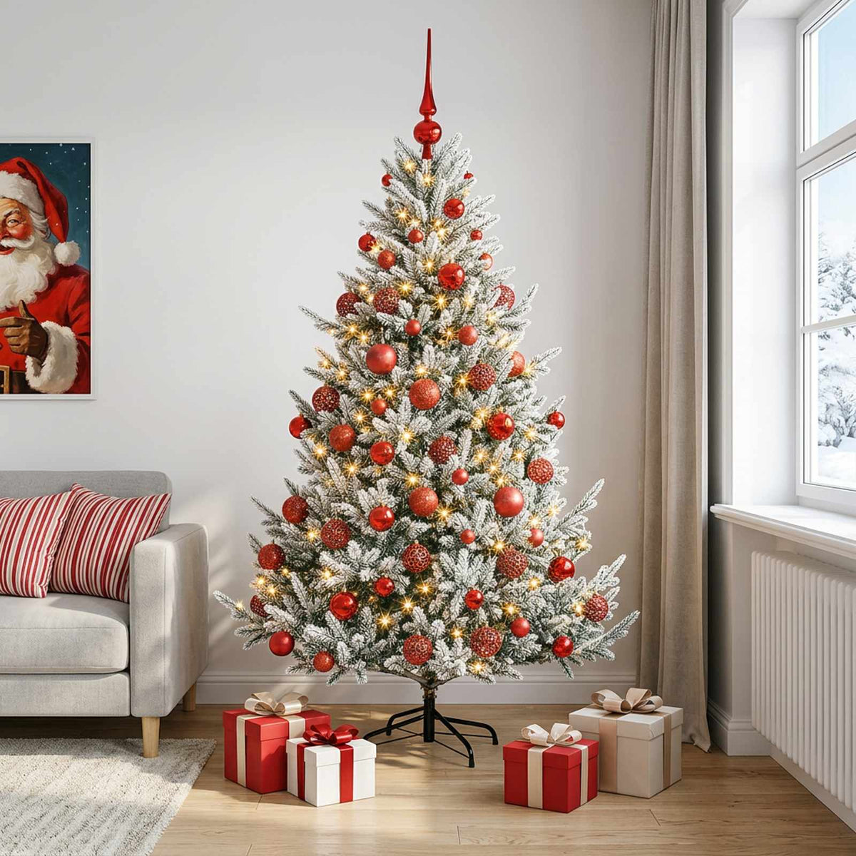 Műkarácsonyfa gömbbel 210 cm 300 LED Meleg fehér PVC és fém