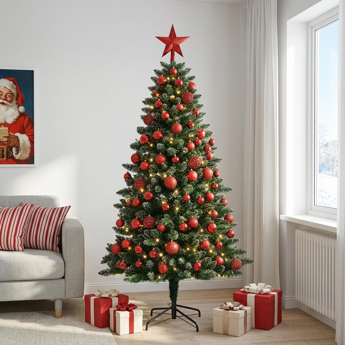 Műfenyő gömbökkel 210 cm 300 LED Meleg fehér PVC és fém