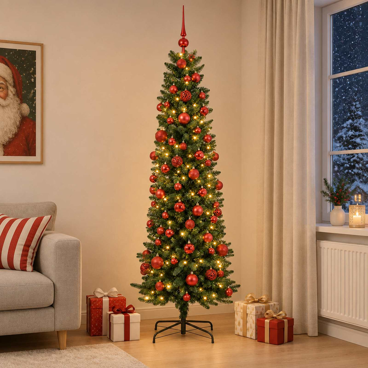 Karcsú műkarácsonyfa gömbökkel 210 cm 300 LED Meleg fehér
