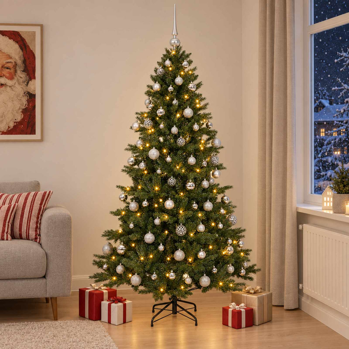 Műkarácsonyfa gömbbel 210 cm 300 LED Meleg fehér PVC és fém