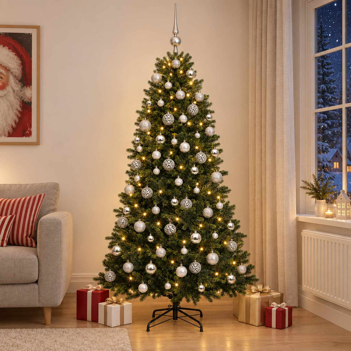 Műfenyő gömbökkel 210 cm 300 LED Meleg fehér PVC és fém Zöld