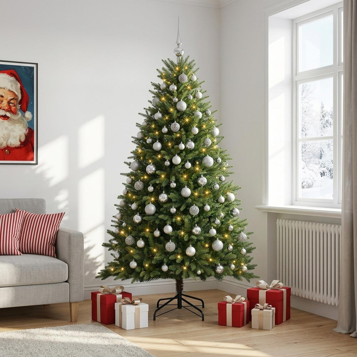 Műfenyő gömbökkel 240 cm 300 LED Meleg fehér PVC és fém Zöld