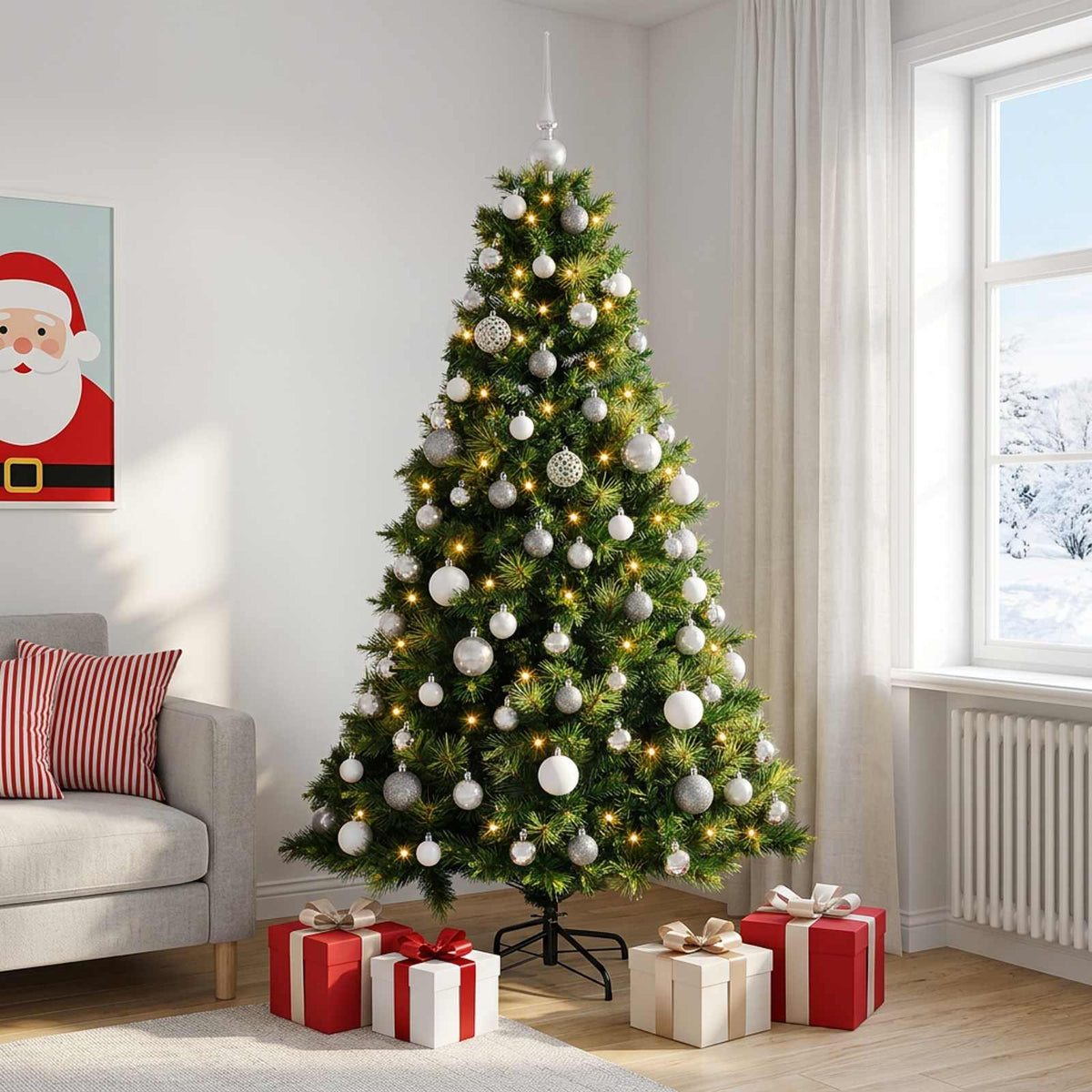 Műkarácsonyfa gömbbel 180 cm 300 LED Meleg fehér PVC és fém 3