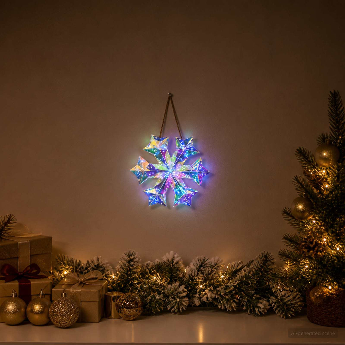 Prizmatikus irizáló LED-es hópehely Sokszínű Átm. 26 x 25 cm