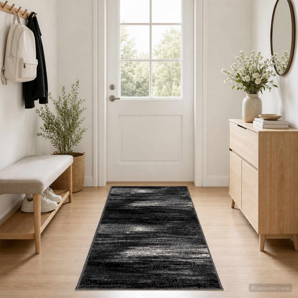 Futó szőnyeg FLORNES Szőtt Fekete Ecsetvonások 80 x 300 cm PP